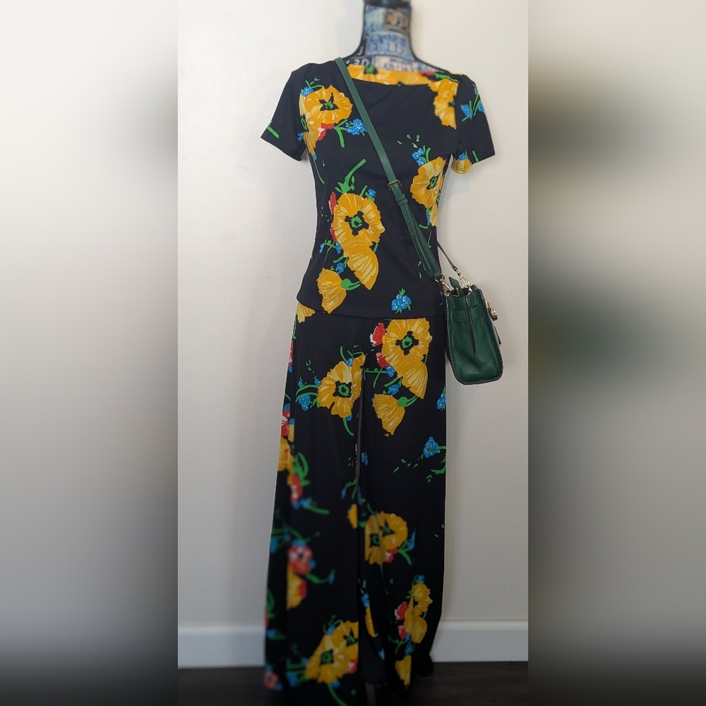 Hawaiian Colorful Vintage 70's Floral Wide Leg Poly Knit Pants Set